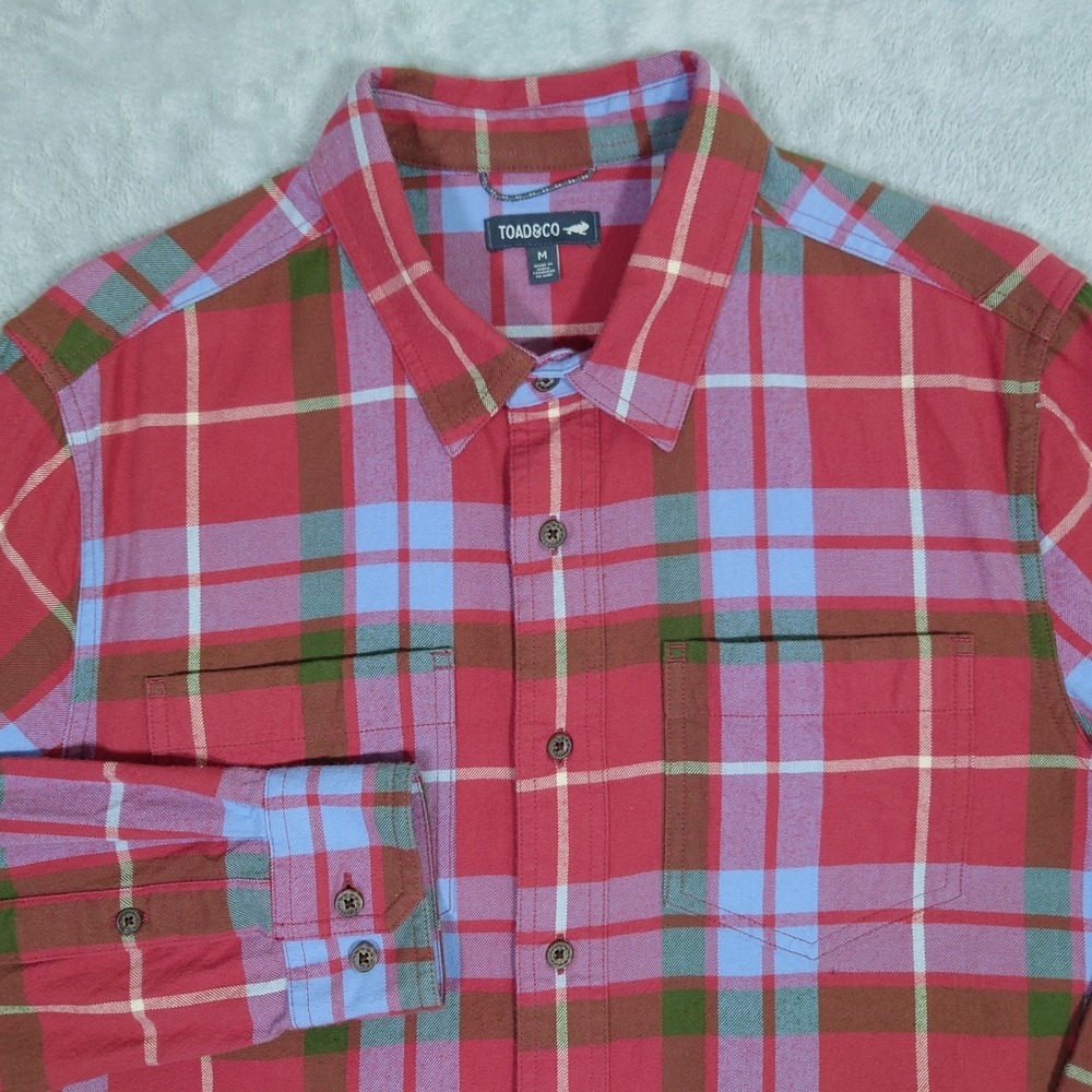 Toad & Co 100% Organic Cotton Flannel Shirt Men's M Red Blue Plaid Work shirt